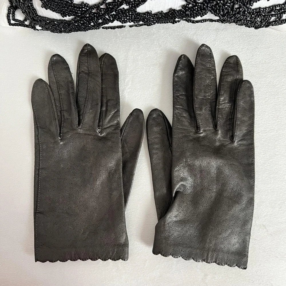 Vintage Van Raalte Leather Gloves Womens‎ 7.5 Brown Dress Scalloped 80s 90s